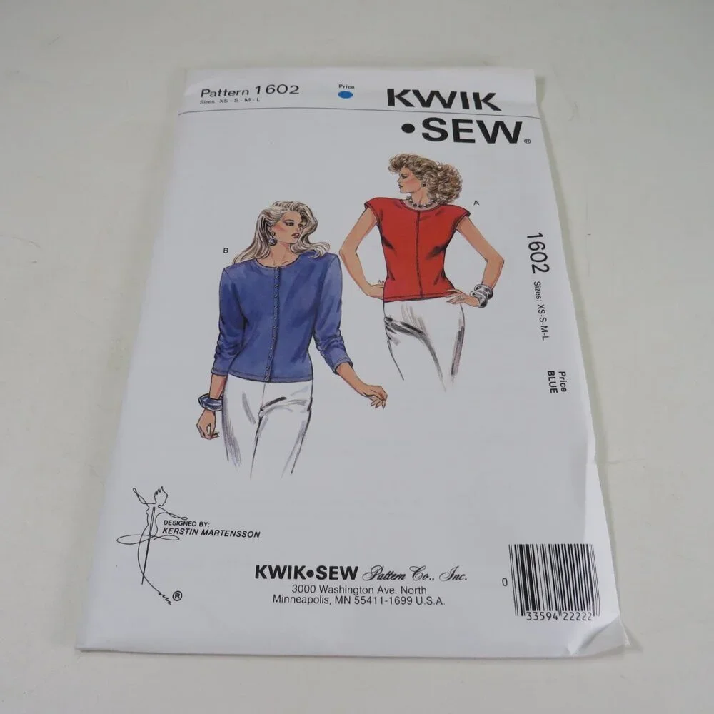 Kwik Sew 1602 Sewing Pattern UNCUT shirt long & sleeveless w shoulder pads